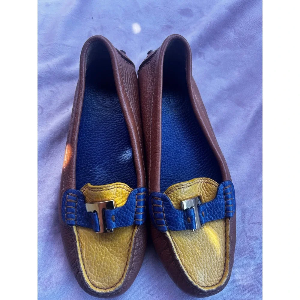 Tory Burch Colorblock Pebbled Leather Driving Loafers Brown Yellow Blue 6M